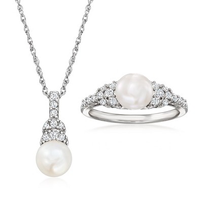 Ross-Simons 7-7.5mm Cultured Pearl and .50 ct. t.w. White Topaz Jewelry Set: Pendant Necklace and Ring in Sterling Silver