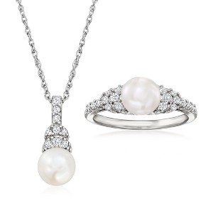 Ross-Simons 7-7.5mm Cultured Pearl and .50 ct. t.w. White Topaz Jewelry Set: Pendant Necklace and Ring in Sterling Silver - 1 of 4