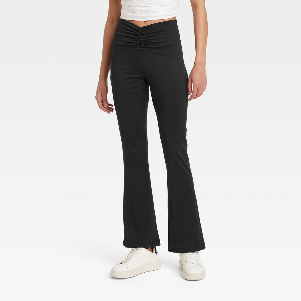 Women's High Waisted Flare Leggings with Ruched Waistband - A New Day™ Black XL: Power Stretch, Wide Leg Opening