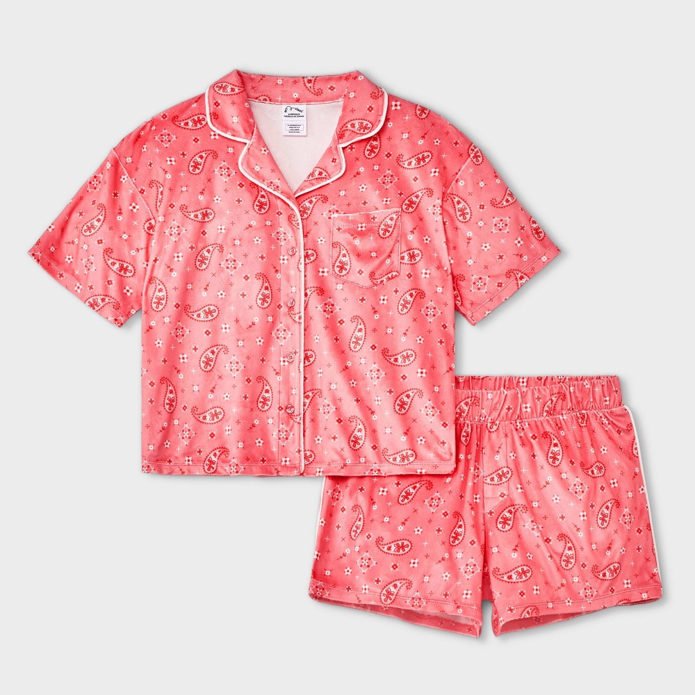 Photos - Other Textiles Girls' Short Sleeve Button Up Pajama Set - art class™ Red M