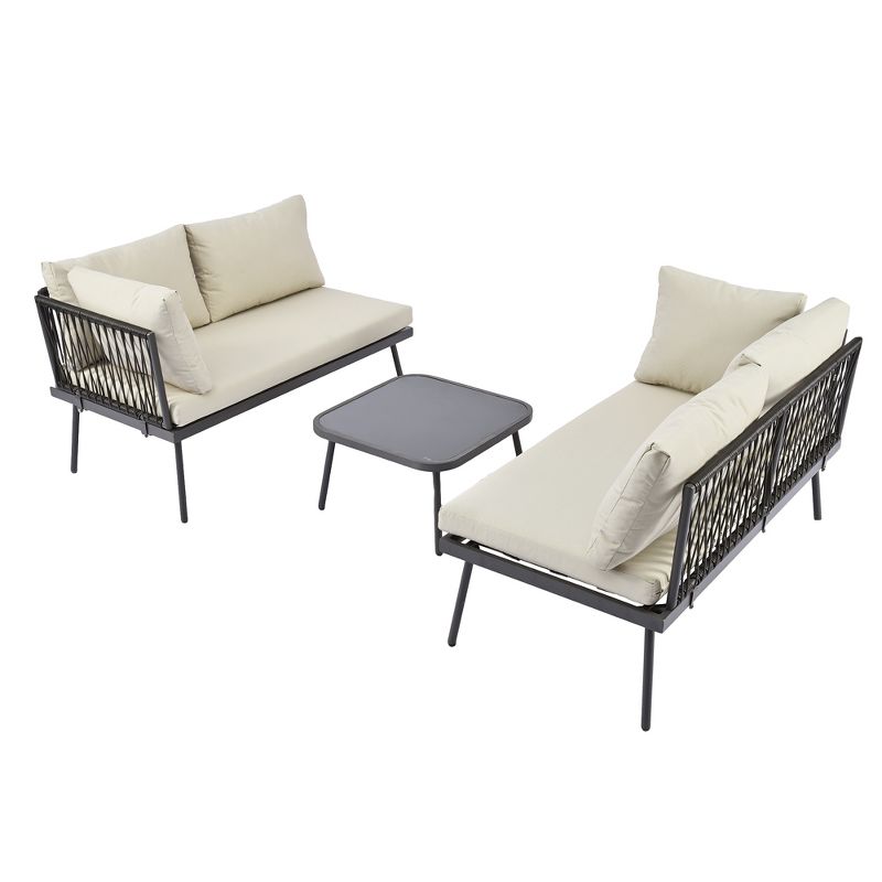 3pc Metal Patio Sectional Sofa Set,  Outdoor Rattan Conversational Set with Cushions and Glass Table 4A -ModernLuxe, 2 of 16