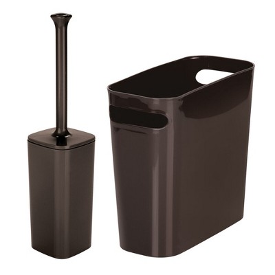 mDesign 2 Piece Plastic Bathroom Trash Can, Toilet Bowl Brush Set - Dark Brown