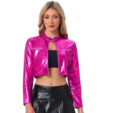Женские куртки Allegra K Women's Stand Collar Metallic Zipper Cropped Party Club Long Sleeve Jackets Hot Pink X-Large