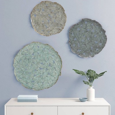 Set of 3 Blue Iron Feather Cutout Wall Sculptures