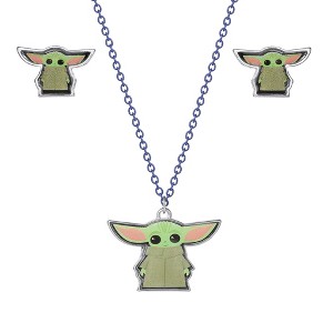 Disney Star Wars The Mandalorian Grogu Fashion Stud Earrings and Necklace Set, Officially Licensed - 1 of 4