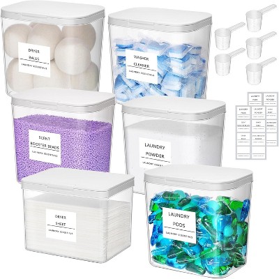 Laundry Pods Container & Dryer Sheet Holder Set with Pop-Up Lids, Detergent Dispenser Jars Includes Labels and Scoop