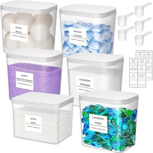 Laundry Pods Container & Dryer Sheet Holder Set with Pop-Up Lids, Detergent Dispenser Jars Includes Labels and Scoop - 1 of 4