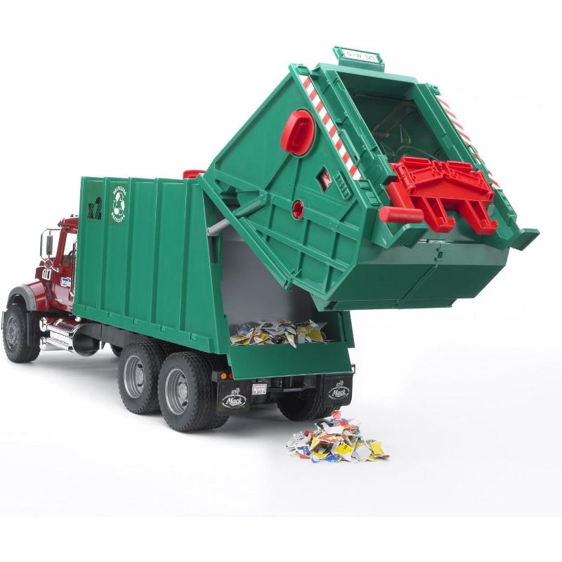 Bruder MACK Granite Garbage Truck, Ruby Red Cab, Green Garbage Box, 2 of 8