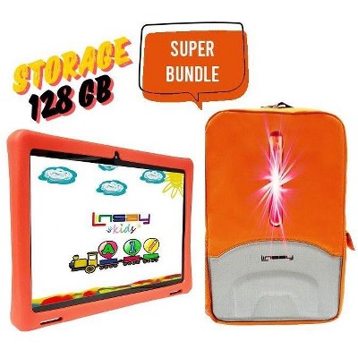 LINSAY 10.1"Octa Core 128GB Storage Android 14 Tablet with Yellow Kids Defender Case, Earphones and LED Back Pack Yellow