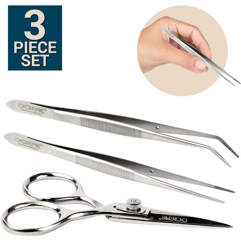 O'Creme Stainless Steel Precision Kitchen Culinary Fine-Tip Tweezer Tongs, Set of 3, 1 of 5