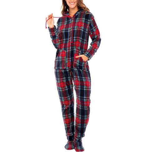 ADR Women s Hooded Footed Pajamas Plush Adult Onesie Winter PJs with Hood Blue Christmas Plaid Footed Small