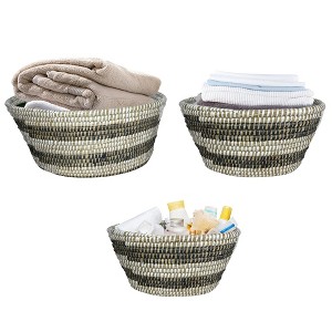 Tangkula Natural Canes Grass Baskets Stackable Storage Bins Set of 3 w/ Hollowed Handles - 1 of 4