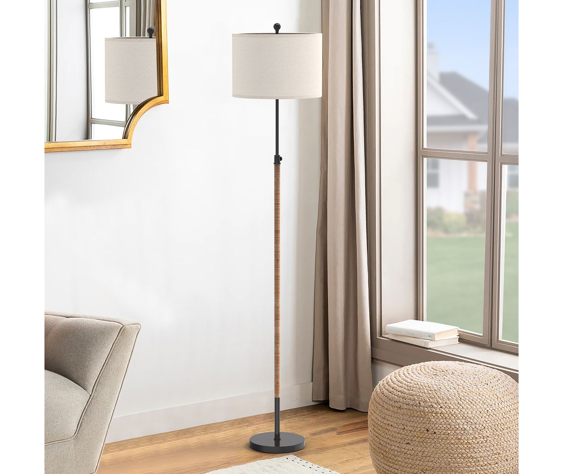 Maxax Farmhouse Rattan Floor Lamp，Boho Black Adjustable Height Standing Lamp with Oatmeal Shade for Bedroom Office Living Room