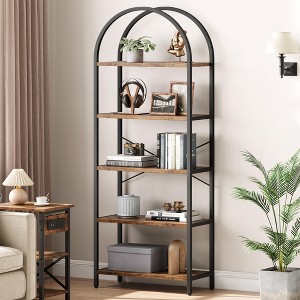 Bookshelf 5 Tier Bookcase Arched Display Racks Tall Standing Bookshelves Metal Frame Open Storage Rack Shelf Large Black Book Shelf for Bedroom - 1 of 4