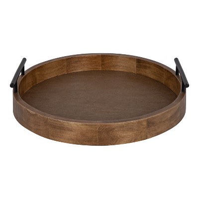 Rustic Brown Round Wood Tray with Black Metal Handles, 15.5" Diameter