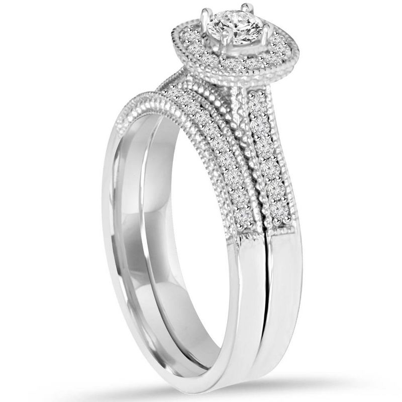 Pompeii3 5/8Ct Diamond Bridal Vintage Engagement Ring Set 10K White Gold, 2 of 6