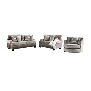 3pc Mauricio Microfiber Loveseat and Sofa Set with Accent Chair Set Gray/Pattern - Furniture Of America: Plush Upholstered, Transitional Style - 1 of 4