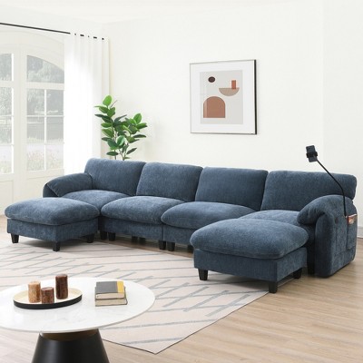 YOOCOZZ Sectional Sofa with Built-in Phone Holder and Charger, Side Storage Pockets, and Movable Ottoman