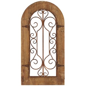 Rustic Wood Scroll Arched Window Inspired Wall Decor with Metal Scrollwork Relief Brown - Olivia & May: Vertical Iron Frame Carving - 1 of 4