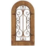 Rustic Wood Scroll Arched Window Inspired Wall Decor with Metal Scrollwork Relief Brown - Olivia & May
