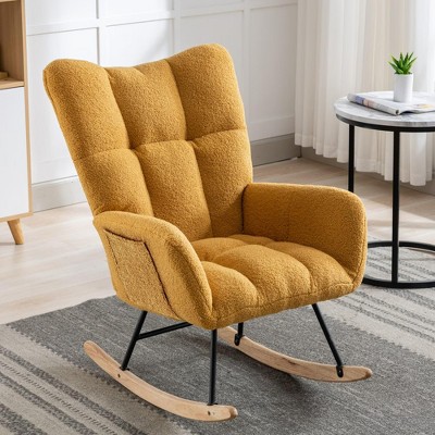 Aukfa Soft Teddy Fabric Rocking Chair w/Pocket - Ergonomic Nursery Glider, Solid Wood Base, 262LB Capacity for Living Room & Bedroom