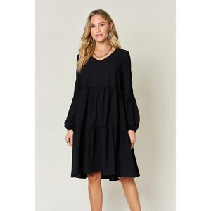 I am a Fashion junky Double Take Full Size V-Neck Balloon Sleeve Tiered Dress with Pockets - 1 of 4