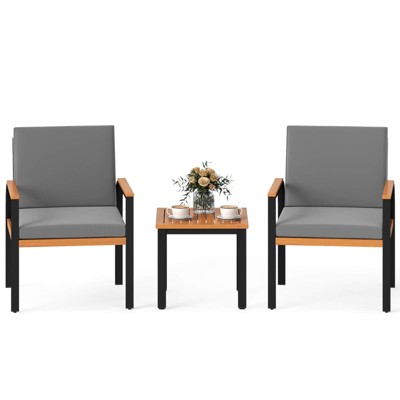 Costway 3 PCS Patio Furniture Set with Coffee Table Removable Cushions Acacia Wood Armrests Black/Gray