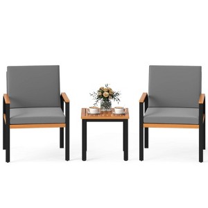 Costway 3 PCS Patio Furniture Set with Coffee Table Removable Cushions Acacia Wood Armrests Black/Gray - 1 of 2