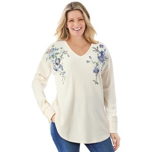 Woman Within Plus Size Washed Thermal V-Neck Tee - 1 of 4