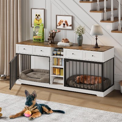 82" Large Dog Crate for 2 Dogs w/4 Drawers & Shelves - Double Kennel Furniture TV Stand, Wooden Cage for Medium/Large Dogs