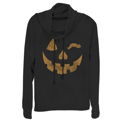 Juniors Womens Lost Gods Halloween Jack-o'-Lantern Wink Cowl Neck Sweatshirt