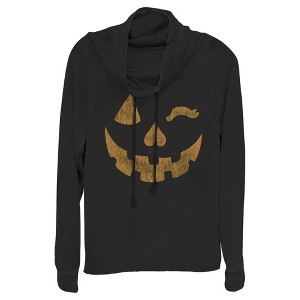 Juniors Womens Lost Gods Halloween Jack-o'-Lantern Wink Cowl Neck Sweatshirt - 1 of 4