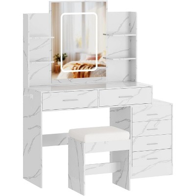 Vanity Desk with LED Lighted Mirror & Stool,6 Drawers + 6 Storage Shelves, Makeup Dressing Table for Bedroom