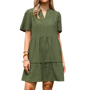 INSPIRE CHIC Women's Split V Neck Summer Eyelet Short Sleeve Hollow Out Ruffle A-Line Mini Dresses - 1 of 4