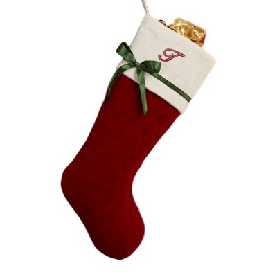 Personalization Mall Winter Classic Initial Quilted Stockings with Bow, Burgundy