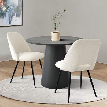 Dwen+Edwin Black 3 Piece Dining Table Set with 35" Black Round Concrete Dining Table and 2 Upholstered Boucle Chairs-The Pop Maison
