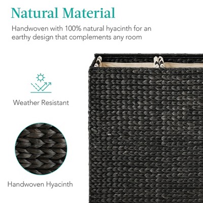 Large Black Handwoven Water Hyacinth Double Laundry Hamper