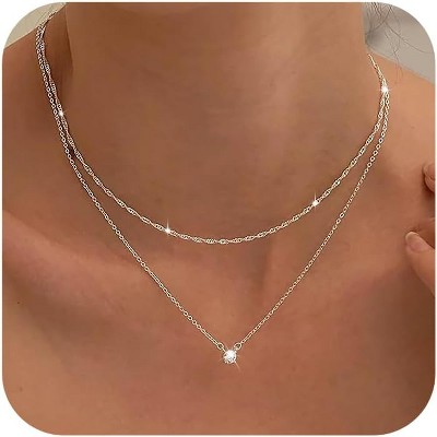 Diamond Necklaces for Wome - HTUTWOO™ Dainty S925 Sterling Silver/ 14K Gold Choker Necklace Simple Silver CZ Jewelry Necklaces