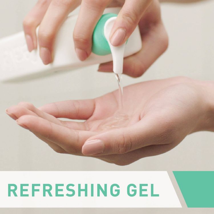 A person dispenses clear gel from a white bottle with a green cap into their hand, with the text "REFRESHING GEL" visible below.