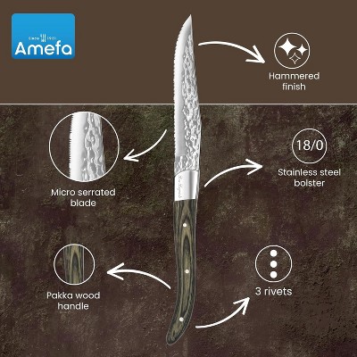 Amefa Lou Laguiole Vulcano Steak Knives, Set of 6, Hardened Hammered Stainless Steel, Triple Rivet Pakka Wood Ergonomic Handle, Serrated Edge 4 Inch