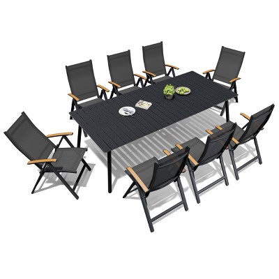 Crestlive Products Outdoor Dining Set Patio Dining Table with folding Dining Chairs Wooden-Like Top and Aluminum Frame Umbrella Hole