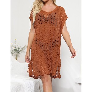 Womens Summer Casual Short Sleeve Knit Crochet Hollow Out Bathing Suit Cover Up Beach Dress with Drawstring - 1 of 4
