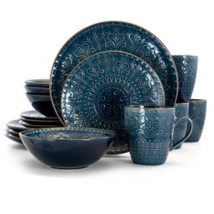 16pc Stoneware Mural Dinnerware Set Blue - Elama: Abstract Medallion Plates & Bowls, Service for 4, Microwave & Dishwasher Safe - 1 of 4