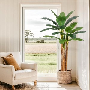 Artificial Banana Tree, Faux Banana Tree with Grey Planter, Artificial Plants with Faux Banana Leaves Plant for Home Office Decor - 1 of 4