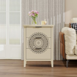 Standard Wood Veneer 3 Drawer Cabinet Dresser with Hollow Carved Pattern, Black Metal Handles, Anti-Tipping Device, and Smooth Slides - 1 of 4