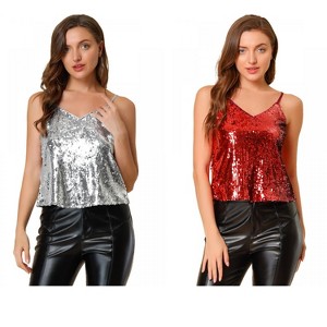 Allegra K Women's Sequined Shining Adjustable Straps Party Sparkle Cami Top 2 Packs - 1 of 4