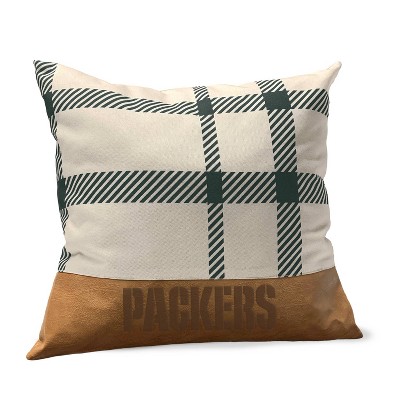 NFL Green Bay Packers Farmhouse Plaid Faux Leather Throw Pillow