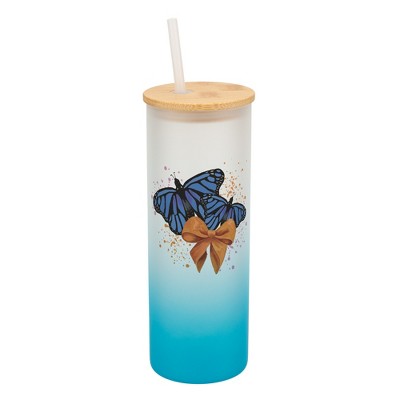 Elanze Designs 25 Ounce Frosted Glass Gradient Travel Tumbler With Straw and Wooden Lid, Blue Monarch Butterflies Sky Blue