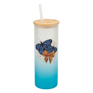 Elanze Designs 25 Ounce Frosted Glass Gradient Travel Tumbler With Straw and Wooden Lid, Blue Monarch Butterflies Sky Blue - 1 of 1