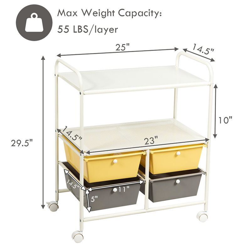 Costway Rolling Storage Cart w/4 Drawers 2 Shelves Metal Rack Shelf Utility Organizer, 3 of 12